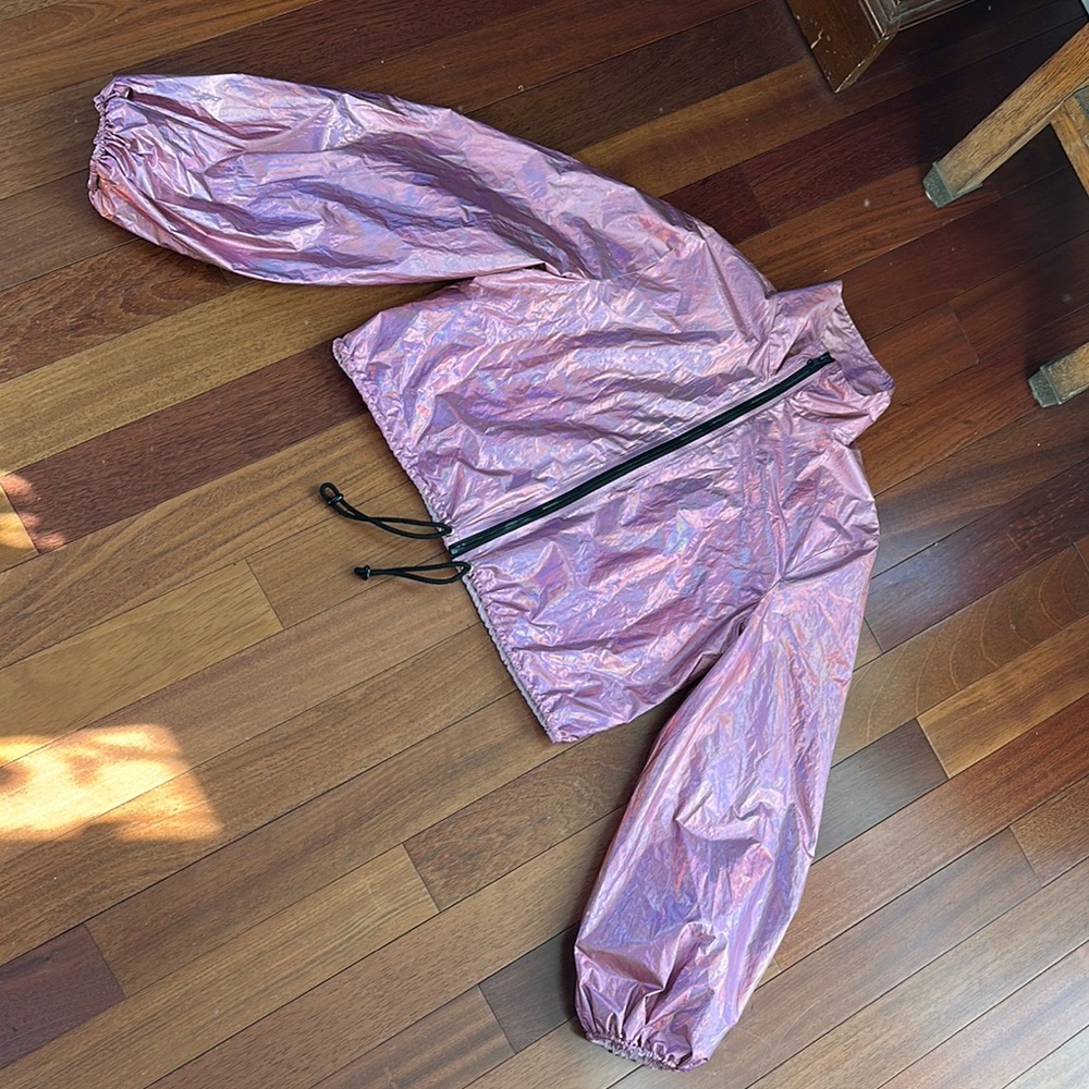 Shimmering Iridescent Pink Windbreaker Jacket Black Zipper - Picture 3 of 11